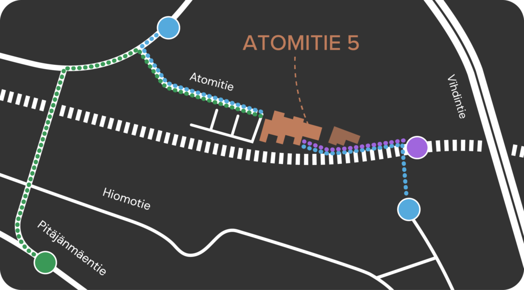 Piirretty karttakuva Atomitie 5 toimitilakiinteistön sijainnista ja lähikulkuyhteyksistä. Atomitie, Vihdintie, Hiomotie ja Pitäjänmäentie sijaitsevat lähellä.